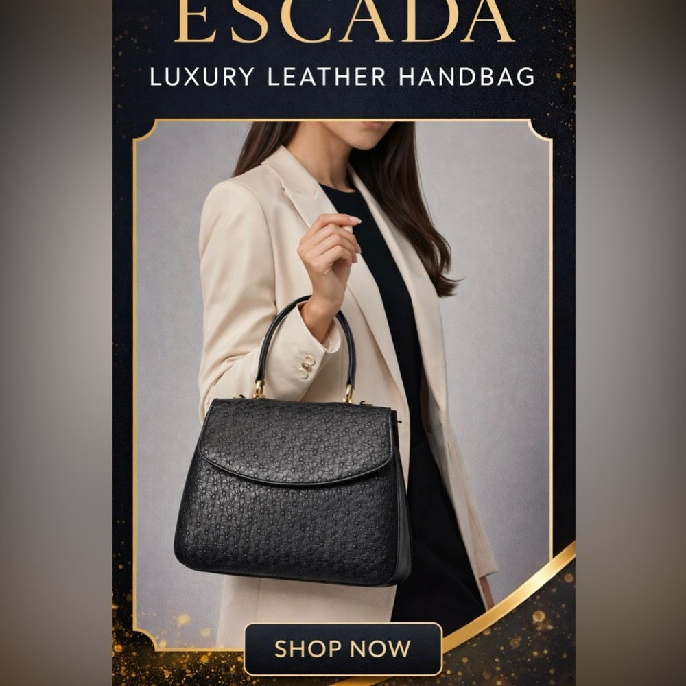 Escada embossed floral leather top handle bag gold hardware designer statement